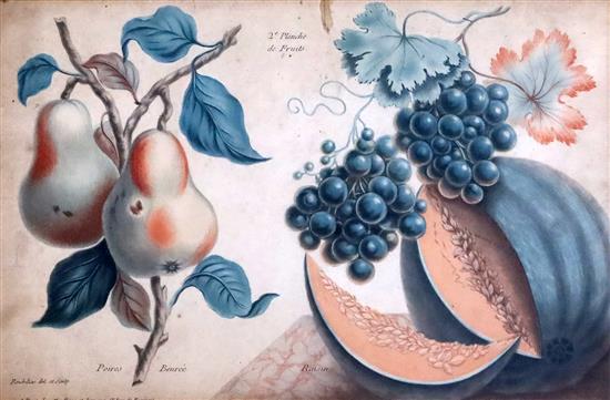 Francois Roubillac (1702-1762). A set of four framed coloured engravings of fruits 7.5 x 11.5in.